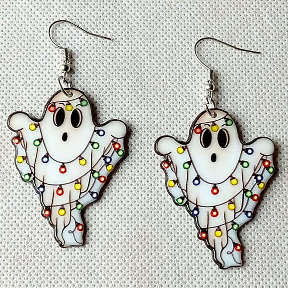 Cute Spooky Christmas Ghosts Earrings, Holiday Ghost Earrings, Acrylic Earrings - Picture 1 of 9